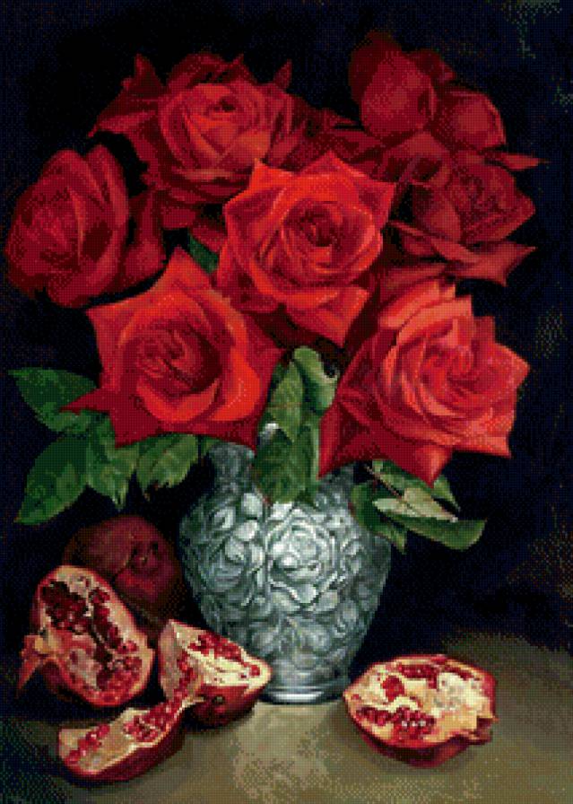 красные розы с гранатом - натюрморт, цветы, букет, живопись, ваза, гранат, горшок, розы - предпросмотр