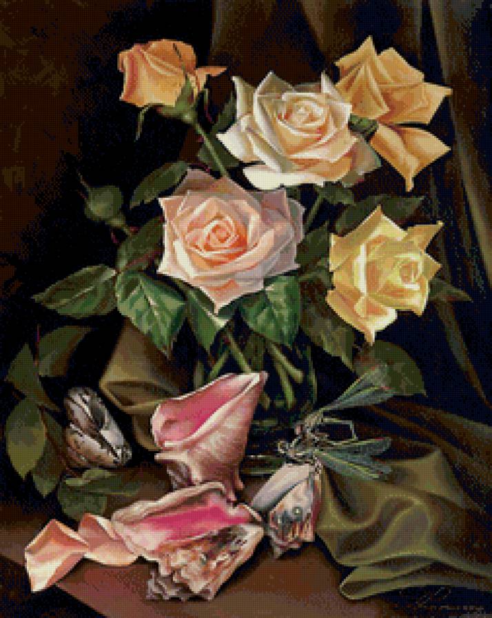 розы и ракушки - живопись, цветы, букет, натюрморт, розы, ракушки - предпросмотр