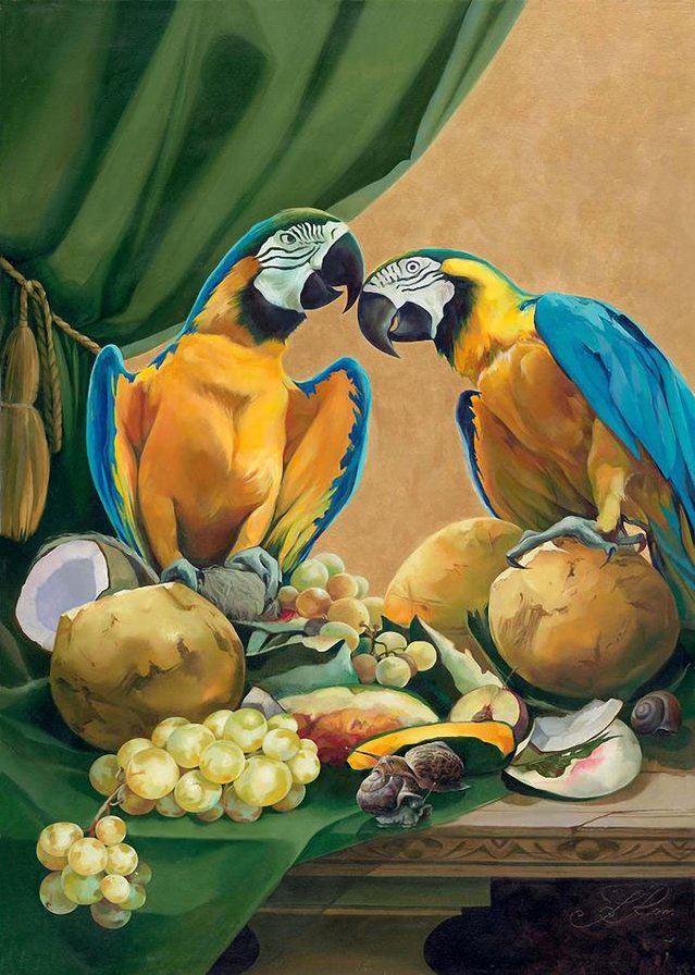 попугаи - фрукты, попугай, птица, натюрморт, природа, графика - оригинал