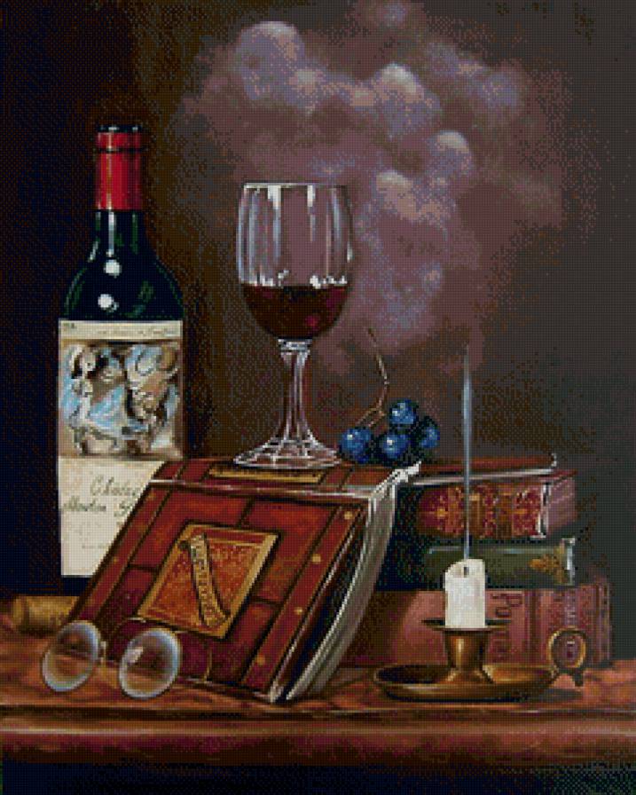 натюрморт с вином и книгой - бокал, натюрморт, живопись, вино, книга, свеча - предпросмотр