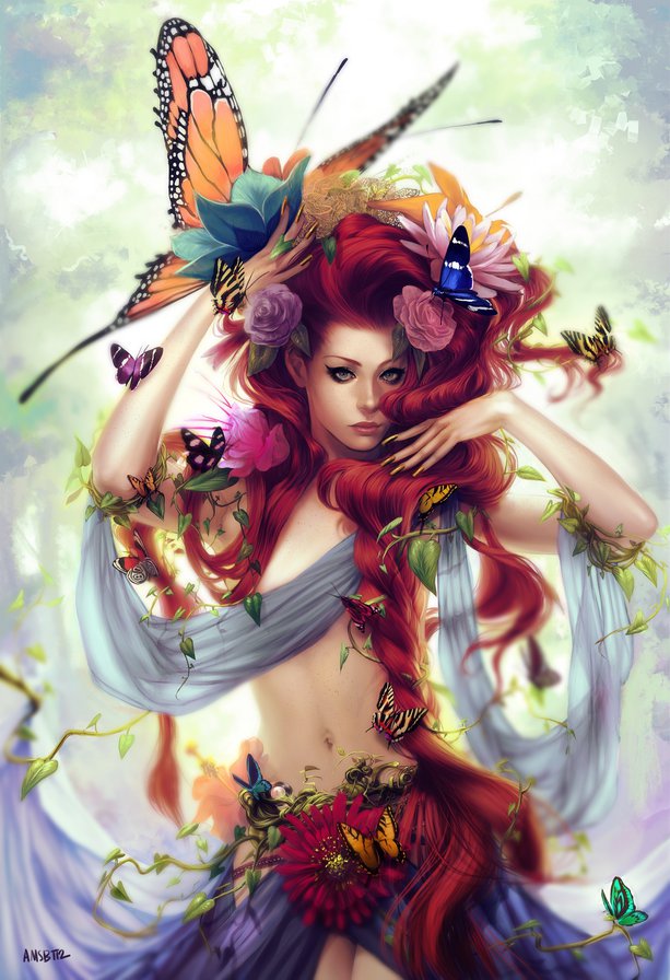 девушка с цветами и бабочкой - рыжая, красавица, девушка, арт, бабочка, цветы - оригинал