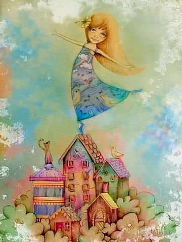 настроение - девушка рисунок дом пейзаж сказка небо - оригинал