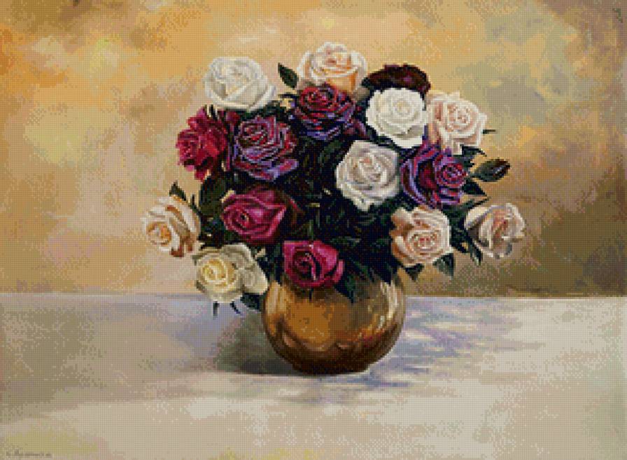розы в вазе - ваза, натюрморт, цветы, роза, букет, живопись - предпросмотр