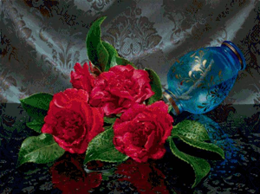 красные розы - живопись, натюрморт, букет, роза, ваза, цветы - предпросмотр
