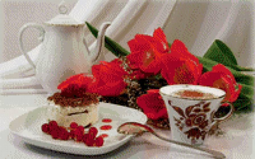 утренний кофе - пироженое, кофе, цветы - предпросмотр
