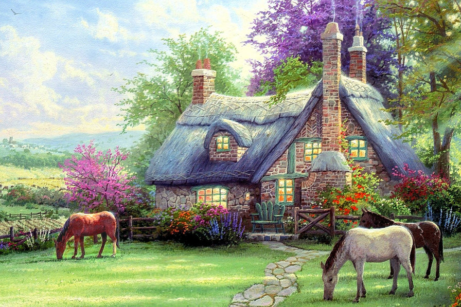 Дом с лошадьми - картины, лошади, дом - оригинал
