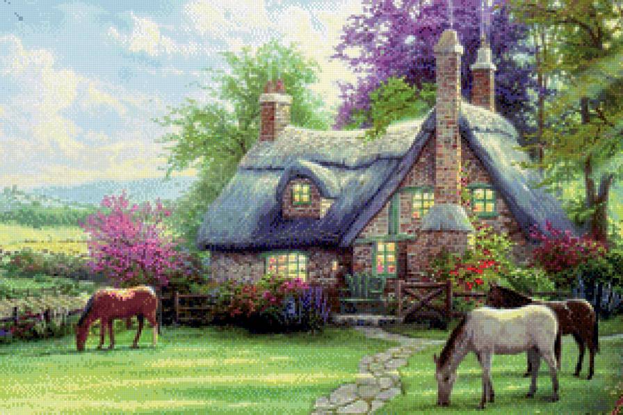 Дом с лошадьми - дом, лошади, картины - предпросмотр