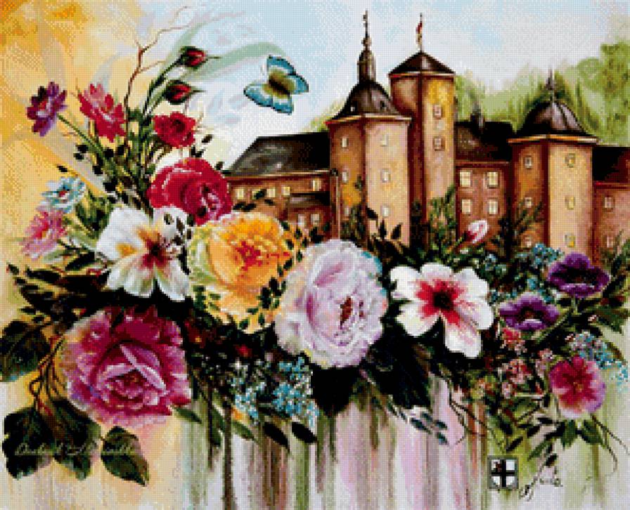 замок в цветах - рисунок, картина, замок, цветы, розы, бабочки - предпросмотр