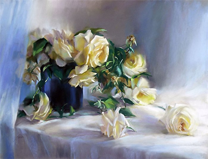 белые розы в синей вазе - букет, панно, ваза, розы, живопись, цветы - оригинал