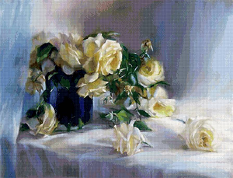 белые розы в синей вазе - букет, ваза, панно, розы, живопись, цветы - предпросмотр