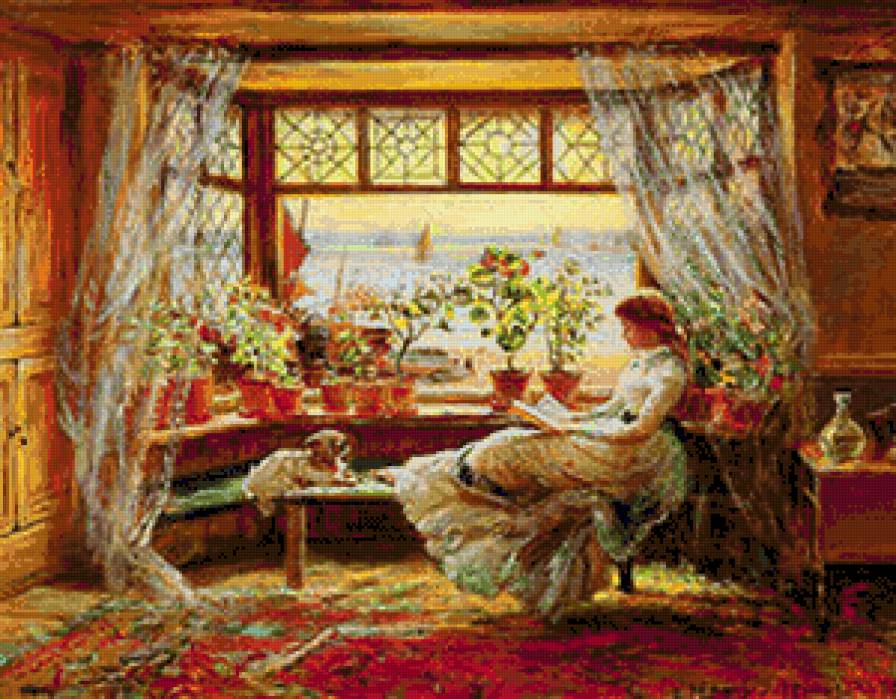 Чтение у окна ( худ.Charles James Lewis) - окно, комната, девушка, собачка, цветы, море - предпросмотр