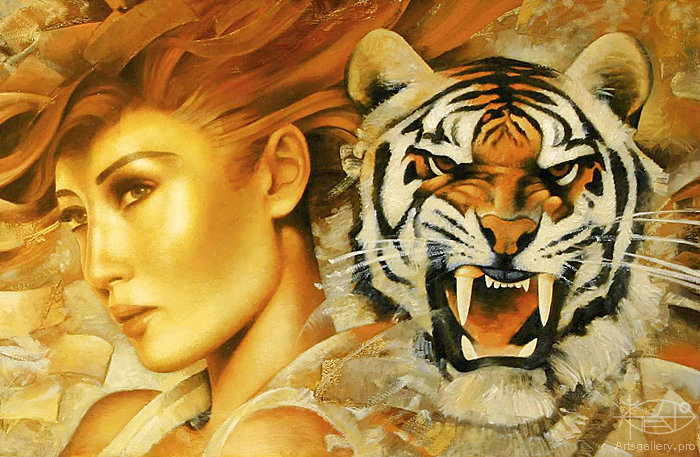 женщина и тигр - женщина, девушка, тигр, живопись, животные, красота, портрет - оригинал
