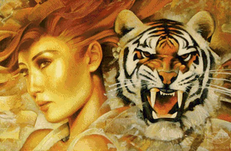 женщина и тигр - живопись, женщина, девушка, красота, портрет, животные, тигр - предпросмотр