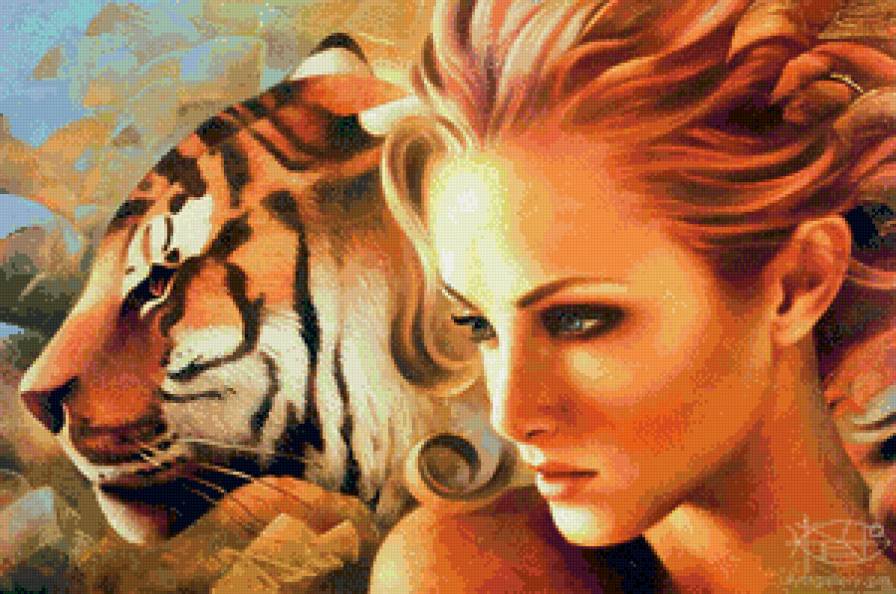 девушка и тигр - кошка, живопись, животные, красота, женщина, тигр, девушка - предпросмотр