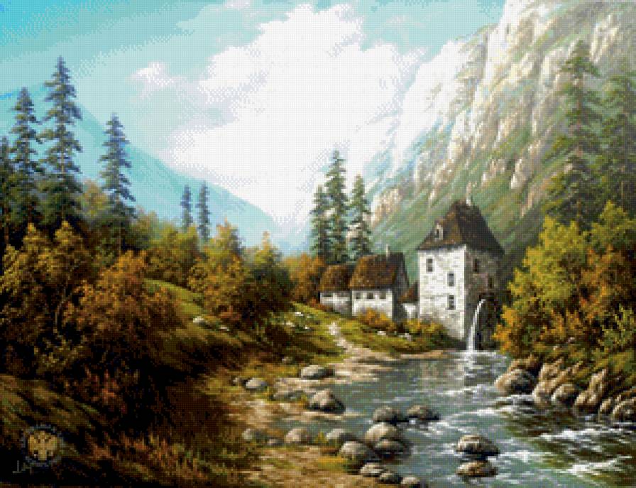 водяная мельница в горах - мельница, природа, горы, живопись, рисунок, река, пейзаж - предпросмотр