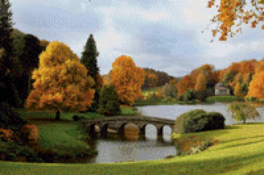 Осенний сад - пейзаж, дом, природа, мост, озеро - предпросмотр