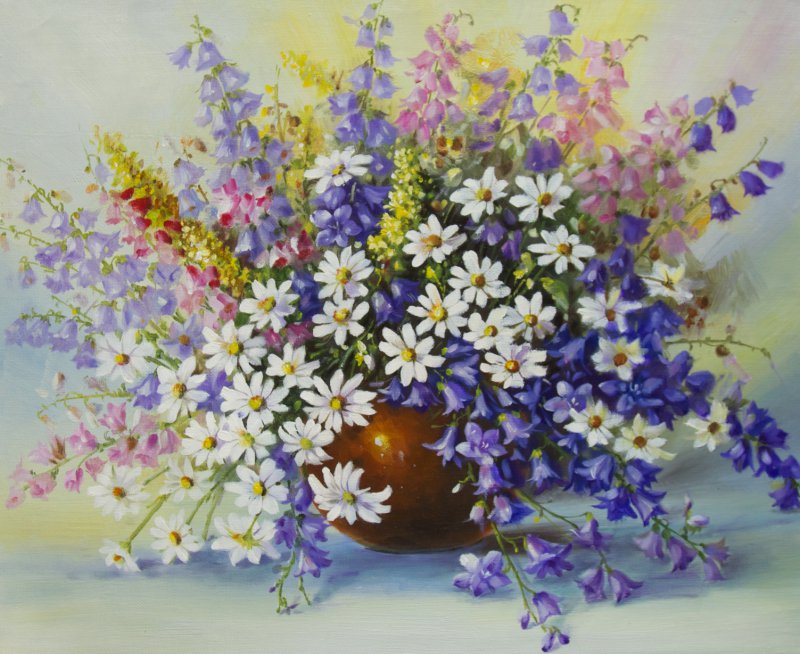 букет полевых цветов в вазе - цветы, ромашки, букет, колокольчики, живопись, ваза, акварель - оригинал