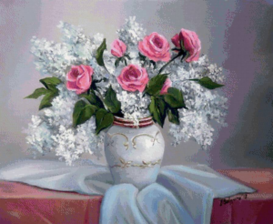 розы и сирень в вазе - ваза, цветы, букет, розы, живопись, сирень - предпросмотр