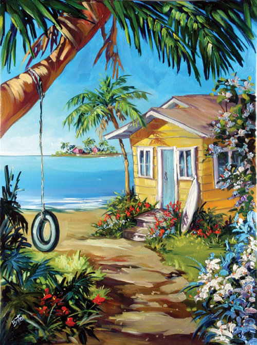 домик - море, дом, цветы, природа, океан, пейзаж, экзотика, пальмы - оригинал
