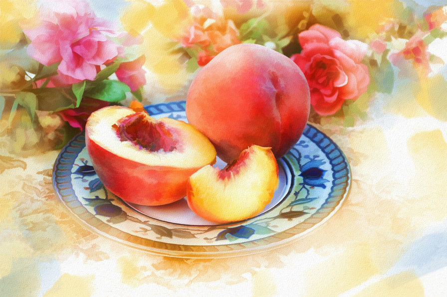 акварельный натюрморт с персиками - еда, фрукты, персики, кухня, живопись, натюрморт, акварель - оригинал
