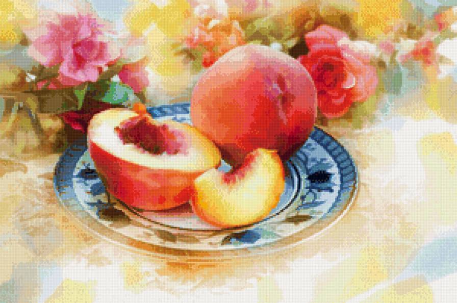 акварельный натюрморт с персиками - акварель, фрукты, персики, кухня, живопись, натюрморт, еда - предпросмотр