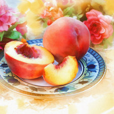акварельный натюрморт с персиками