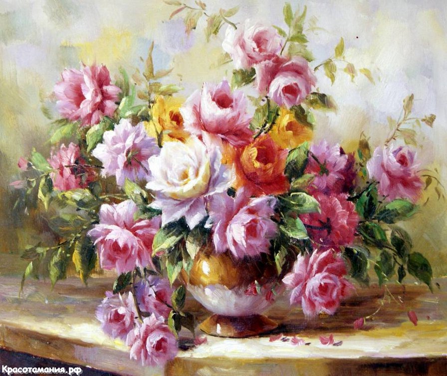 букет роз в вазе - цветы, живопись, ваза, розы, натюрморт, горшок, букет - оригинал