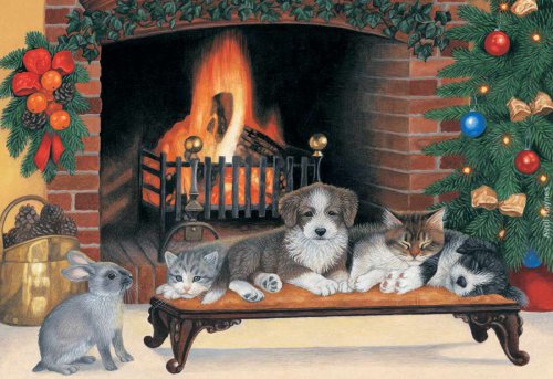 новый год - уют, собаки, рождество, кошки, животные, кролики, камин - оригинал