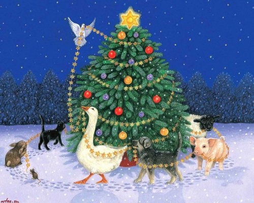 домашние животные - животные, новый год, рождество, хоровод, елка, собаки, птицы, хрюшки - оригинал