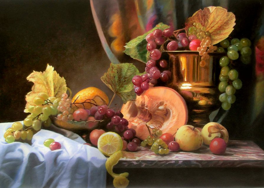 фруктовый натюрморт - еда, яблоко, виноград, натюрморт, живопись, кухня, фрукты - оригинал