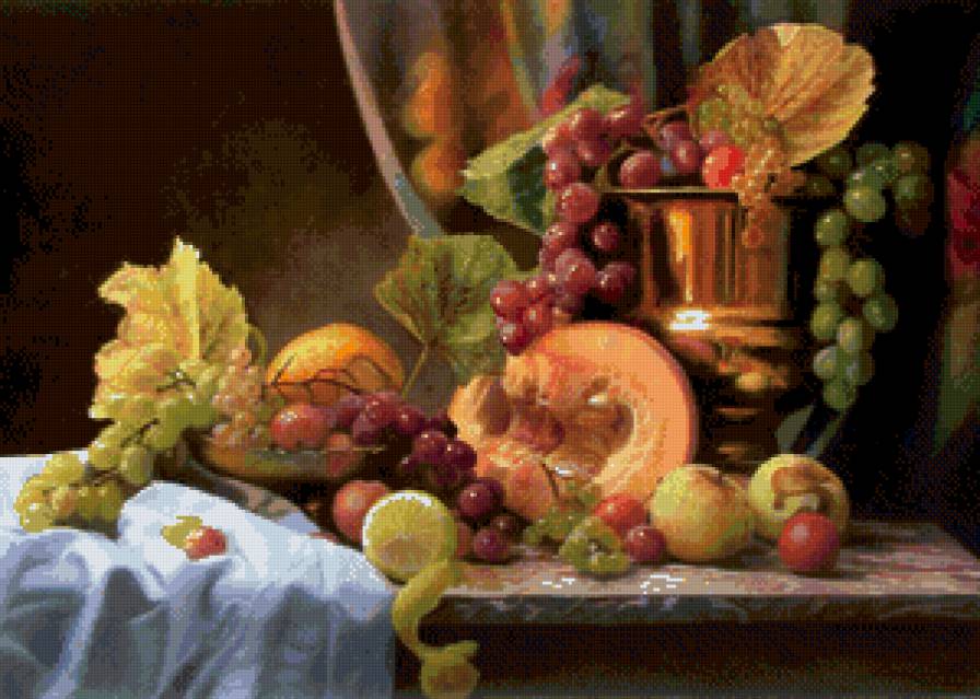 фруктовый натюрморт - еда, кухня, фрукты, натюрморт, виноград, яблоко, живопись - предпросмотр