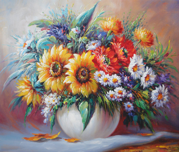 красочный букет - цветы, подсолнухи, акварель, букет, ваза, ромашки, живопись - оригинал