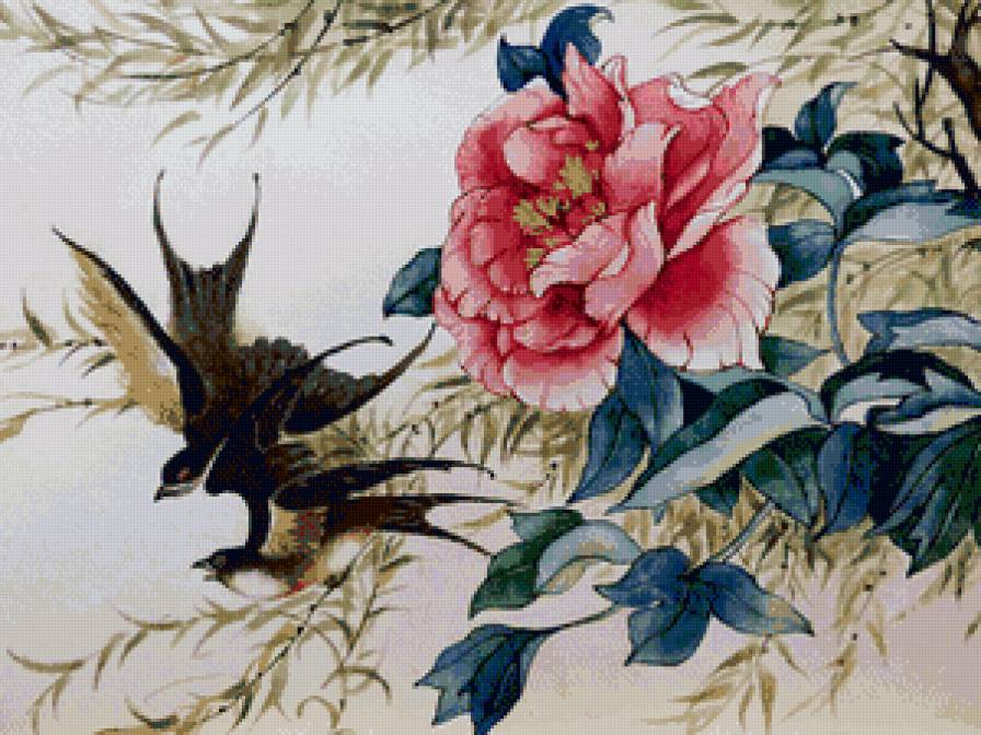 пион в японском стиле - ветка, восток, цветы, птицы, пион, япония - предпросмотр