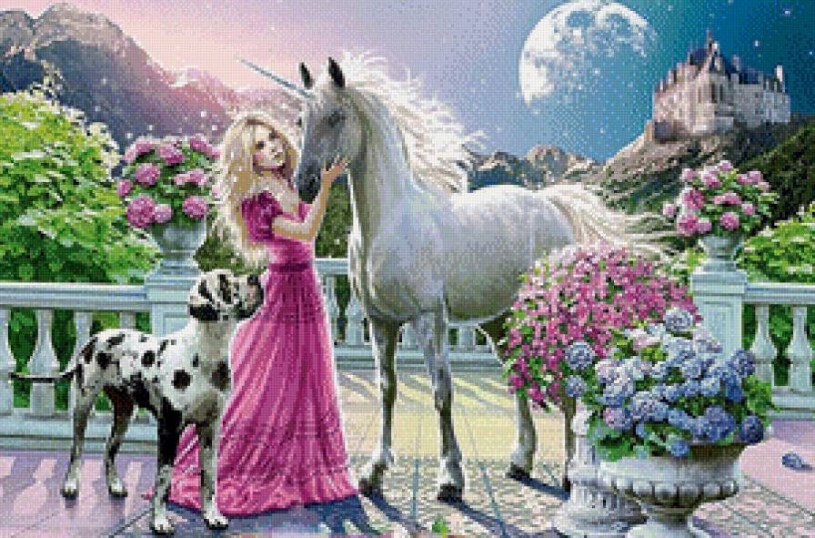 принцесса и единорог - фентези, животные, лошади, единороги, собаки, девушка, сказка - предпросмотр
