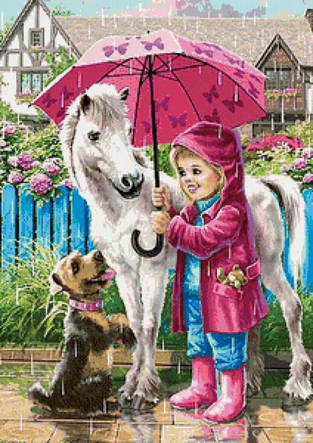 Под дождем - животные, дождь, собака, лошадь, лошадка, лошади, девочка, щенок, дети - предпросмотр