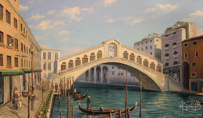 венецианский мост - город, мост, пейзаж, италия, венеция, гондола, живопись - оригинал