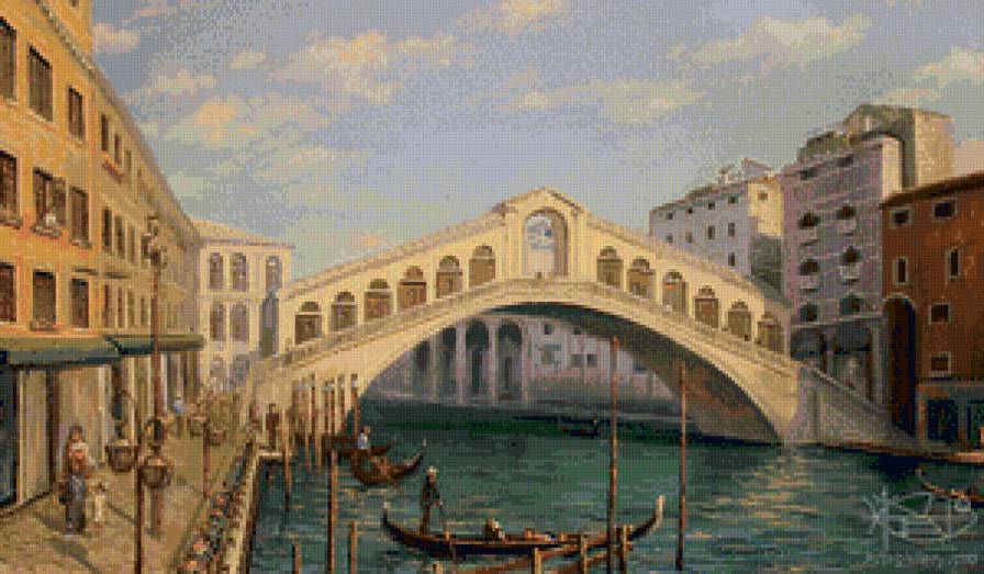 венецианский мост - венеция, город, италия, живопись, гондола, мост, пейзаж - предпросмотр