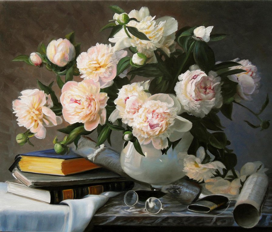 белые пионы - натюрморт, пионы, букет, книга, ваза, цветы, весна, живопись - оригинал