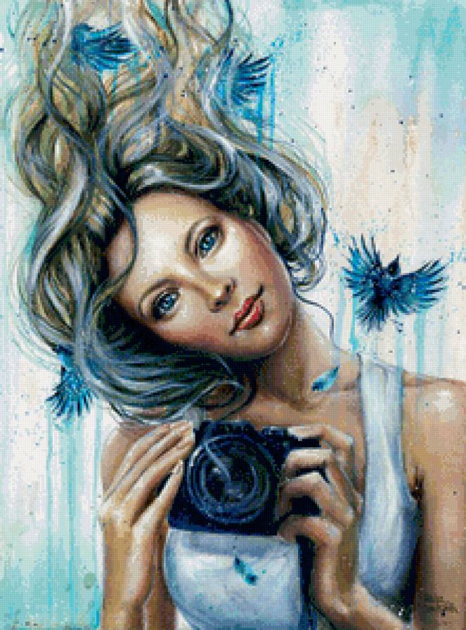 девушка с фотоаппаратом - женщина, графика, живопись, красота, девушка, фотоаппарат, арт - предпросмотр