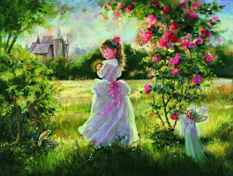 девочка в саду - замок, девочка, сад, цветы, сказка, эльф - оригинал