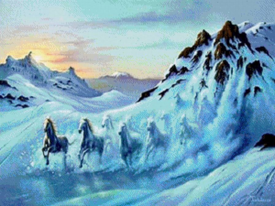 Коні 3 - коні, гори, зима, фантазія, пейзаж, природа - предпросмотр