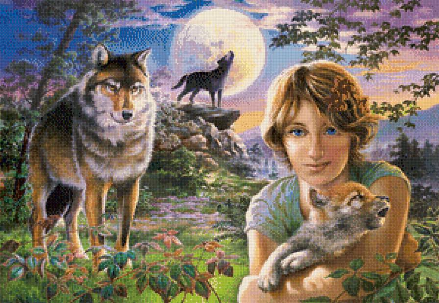 картина - люди, девушка, волки, животные, волк, природа, девушки - предпросмотр