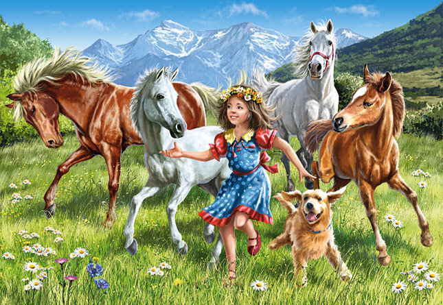 прогулка - собаки, дети, лошади, девочки, лошадка, животные, девочка, собака - оригинал