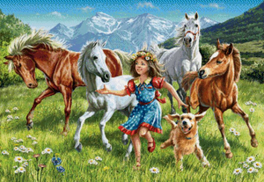 прогулка - животные, дети, собаки, девочка, девочки, лошадка, лошади, собака - предпросмотр
