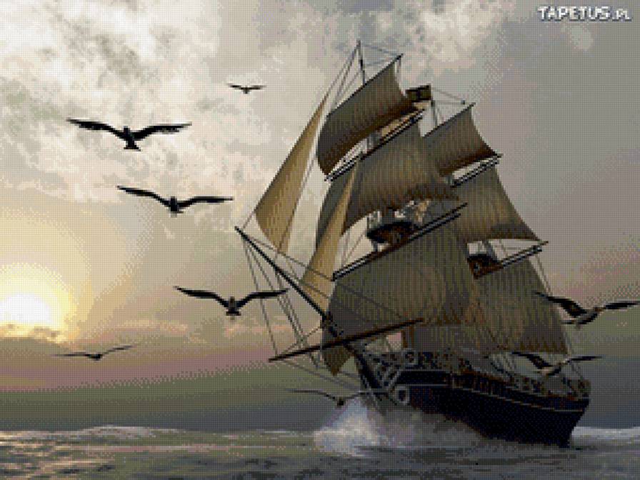 фрегат - картина, корабль, парусник, море, волны, пейзаж, чайки, фрегат - предпросмотр