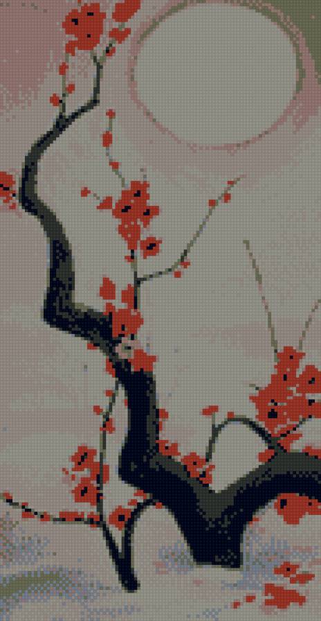 сакура простая-2 - цветы, восток, японские мотивы, красное-черное, ветка, сакура - предпросмотр
