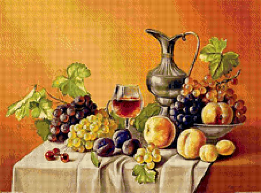 Натюрморт7 - виноград, вино, персики - предпросмотр