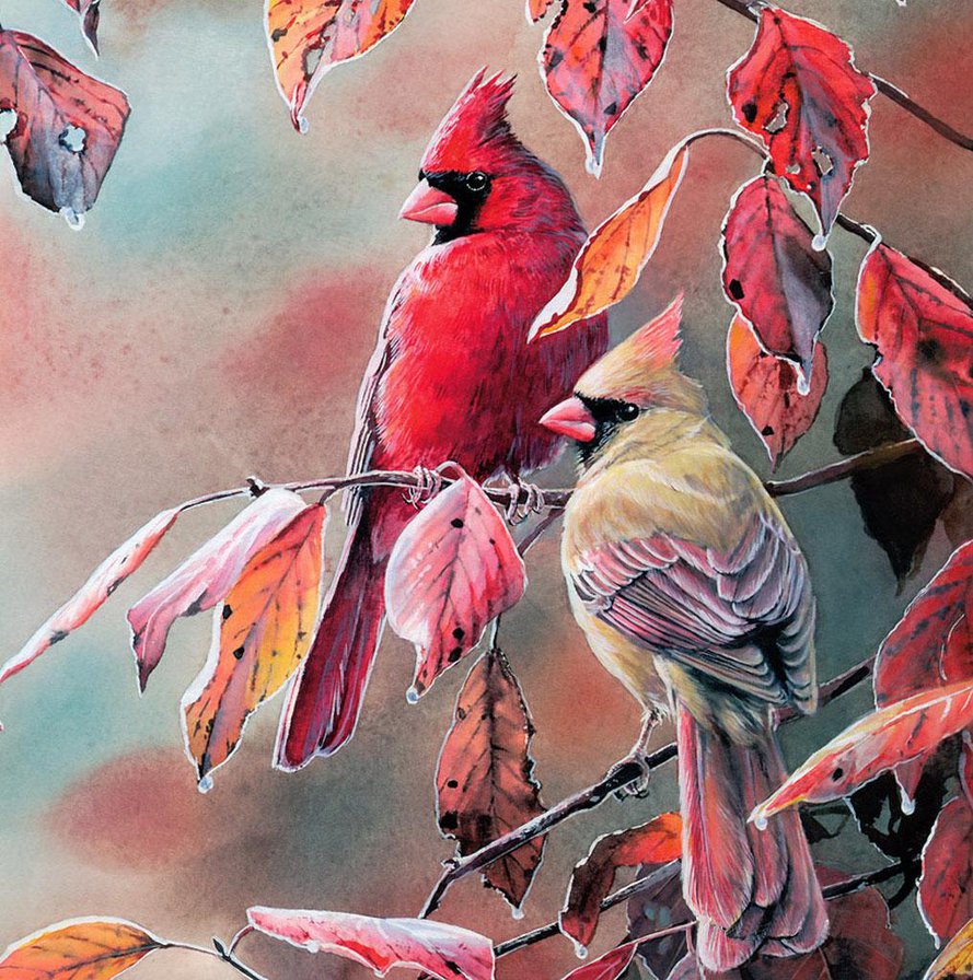 Птицы, по картине Сьюзан Бордет|Susan Bourdet - листва, дерево, листья, осень, птицы - оригинал