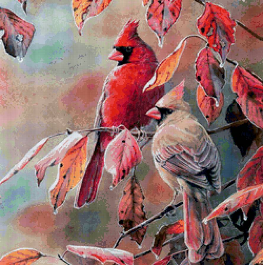 Птицы, по картине Сьюзан Бордет|Susan Bourdet - листья, листва, дерево, птицы, осень - предпросмотр