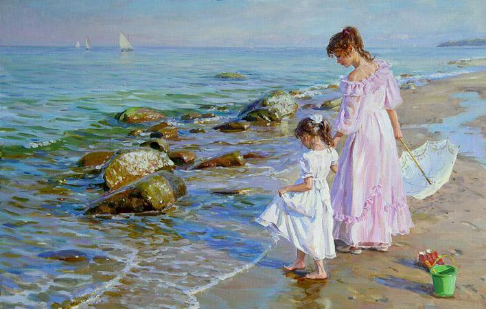 Прогулка по берегу моря, по картине Александра Аверина - прибой, девушка, море, прогулка, зонтик, берег, ребенок, пляж - оригинал